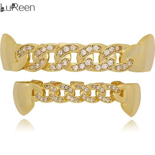 LuReen Cuban Link Shape Teeth Grillz Hollow Iced Out Chain Grills Gold Silver Color Vampire Fangs Tooth Caps Hip Hop Jewelry