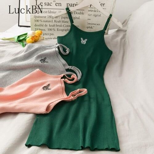 Slip Dress Mini Bodycon Sexy Butterfly Dress Women Knitted Club Dresses Woman Party Night Elegant 2021 Summer Embroidery Clothes