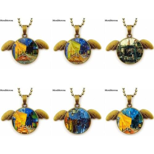 Van Gogh Cafe Terrace Fashion Novelty Glass Necklaces Maxi Bronze Angel Wings Necklace For Women Kids Gift