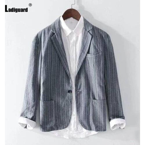 Men Linen Blazers Spring Lapel Collar Retro Jacket Fashion Stripes Top Outerwear Autumn Casual Blazers Sexy Mens Clothing 2021