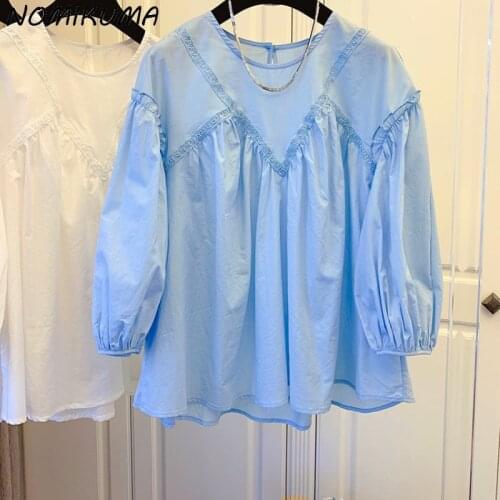 Nomikuma Lace Patchwork Women Doll Shirt Causal Puff Sleeve O-neck Blouse Tops 2021 Summer Thin Blusas Mode De Mujer 6J782