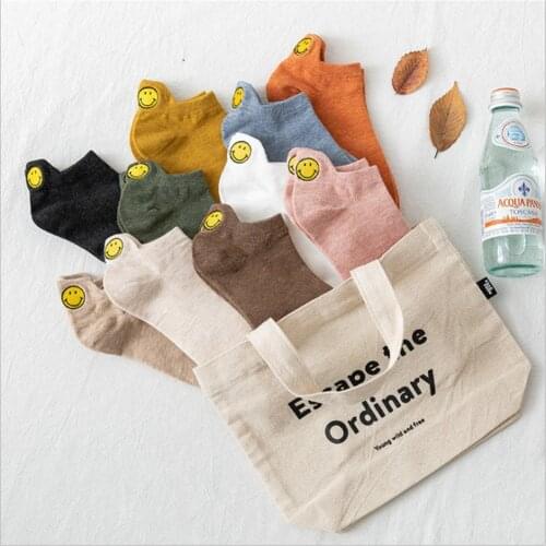 New Spring and Summer Thin Womens Boat Socks Heel Embroidered Smiley Japanese Solid Color Shallow Mouth Socks Women