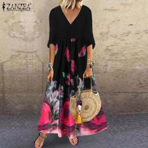 5XL ZANZEA Bohemian Women Floral Dress Summer Maxi Sundress Printed V Neck 3/4 Sleeve Beach Party Long Vestidos Robe Plus Size 7