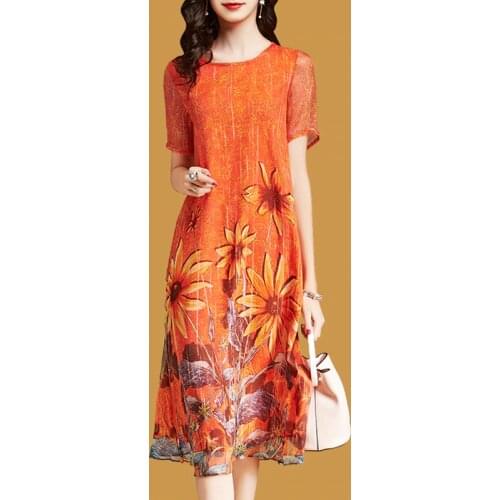 Elegant Floral Dress For Woman Loose Short Sleeve Vestido Mujer 2018 Casual Mid-Calf Faux Silk Dresses Plus Size Orange Sundress