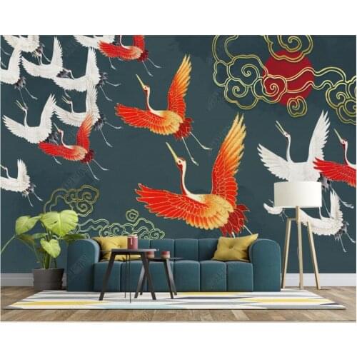 Custom mural 3d photo wallpaper Chinese style light luxury golden hand-painted crane flying wallpaper in the living room