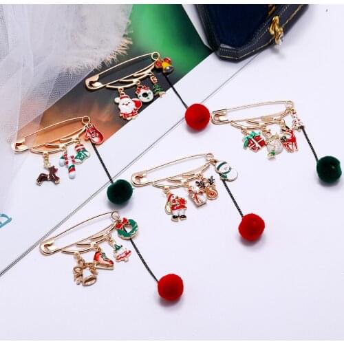 Christmas Enamel Pin Suit dress Lapel Brooch Santa Claus christmas tree reindeer glove Creative Brooches Plush ball decoration