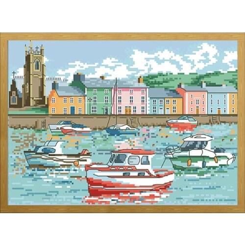 Seaport Town Printed Cross Stitch Counted Canvas Embroidery Kits 11CT 14CT Diy Handmade Needlework Sets Home Decoration Painting