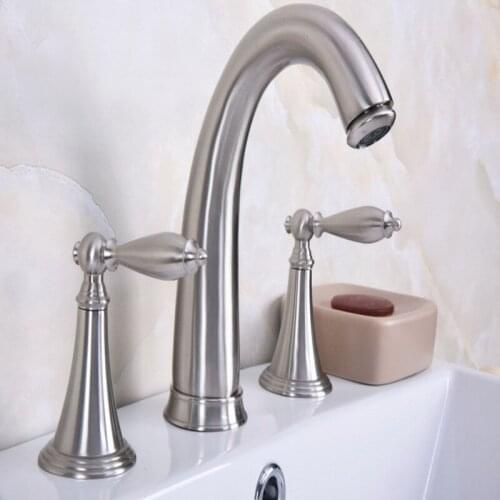 Deck Mounted 3 Holes Bath Tub Mixer Tap Brushed Nickel Brass Widespread 2 Handles bathroom basin Faucet abn016