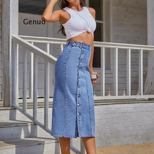 High Waist Split Midi Demin Skirt For Woman Summer Korean Style Jeans Skirts Ladies Blue Slim Button Streetwear Harajuku