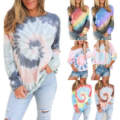 T Shirt Women Summer Clothes 2021 Gradient Autumn Winters tie-dye Long Sleeve Head Loose Fleece Single Female Tshirt CHF7036