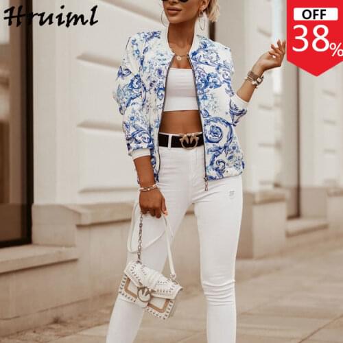 Woman Jacket Slim Fashion Floral Print Long Sleeve O Neck Zipper Jacket Coat Autumn Casual High Street Regular Coat Femme Veste