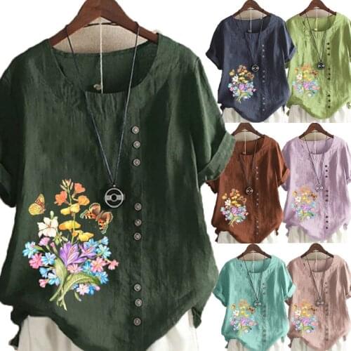 Womens New Fashion Summer Floral Printed Round Neck Short Sleeve T-shirt Casual Loose Solid Color Blouse Tops Plus Size