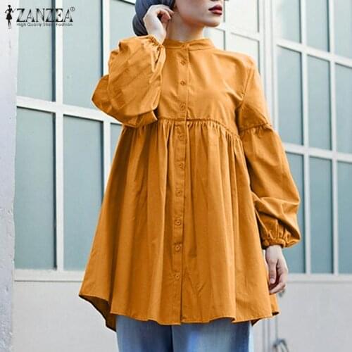 Womens Spring Solid Blusas Fashion Muslim Tops ZANZEA 2021 Female Elegant Puff Sleeve Ruffle Lace Up Button Blouse Plus Size