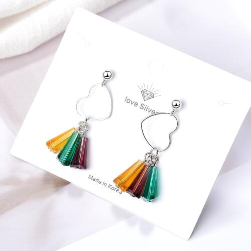 ANENJERY 925 Sterling Silver Love Heart Earrings Multicolored Artificial Crystal Rainbow Tassel Earrings For Women S-E659