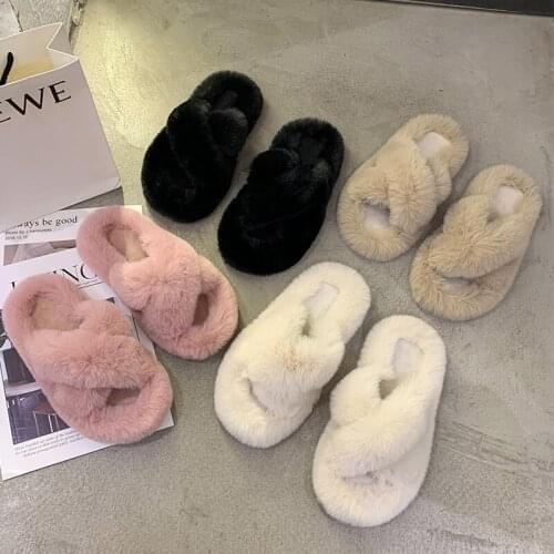Winter Women Cross House Furry Slippers Fashion Faux Fur Warm Shoes Women Slip on Flats Female Home Open Toe Pink Plush Slippers