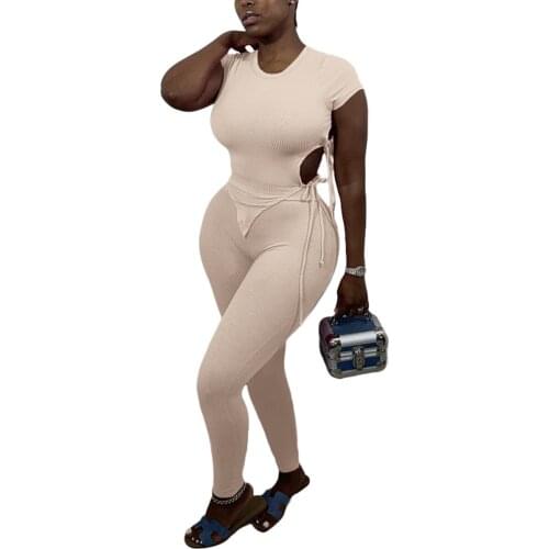 Womens Sexy Bandage Solid Color Pit Bar Fashion Casual Suit Women Outfits Crop Tops T-shirt And Pants 2 Piece Set Tracksuit