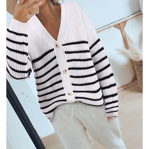 Autumn Spring Casual Women Knitwear Sweater Stripes Long Sleeve V Neck Buttons Up Tops Ladies Female Sweaters White Black Khaki