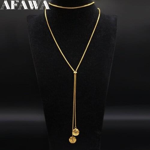 2021 Stainless Steel Long Necklaces Women Gold Color Round Flower Statement Necklace Jewelry acero inoxidable joyeria N1354S01
