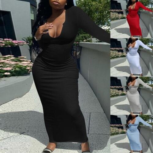 2021 Autumn Winter Stacked Women Ruched Long Sleeve V-neck Midi Maxi Dress Sexy Boycon Club Party Night Pencil Long Dresses