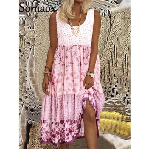 2021 Women Summer A-Line Dress Streetwear Patchwork Design O-Neck Sleeveless Mid Waist Vintage Flower Print Casual Loose Dress