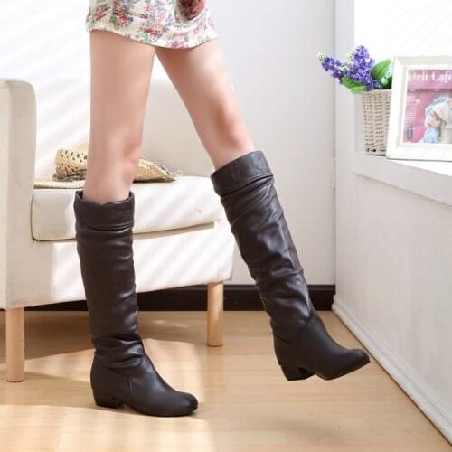 WinterWoman Shoes Boots Platform Rubber Boots Black White Low Heel Knee Boots Autumn Lady Heel Shoes Knee High Shoes
