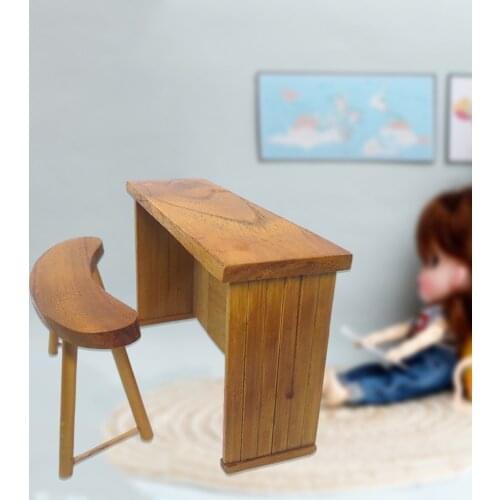 1/12 Dolls House Wooden Desk & Stool for Bar Study Office Furniture Model