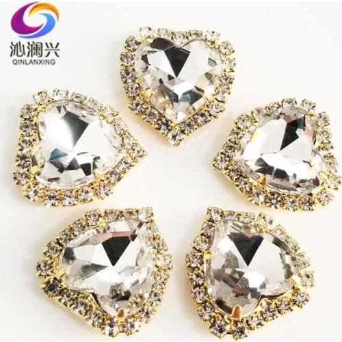12mm/14mm/18mm 10pcs heart shape white Crystal glass buckle,gold bottom sew on rhinestones for Diy/jewelry accessories