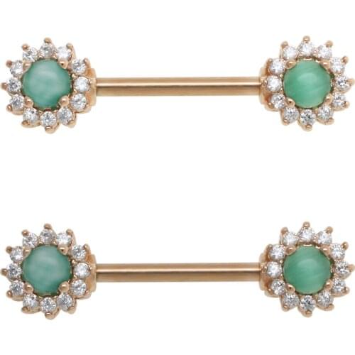 JHJT 2PCS Nipple Rings 316L Surgical SS Double Sun Flower Opal Nipple Barbell Piercing 14G