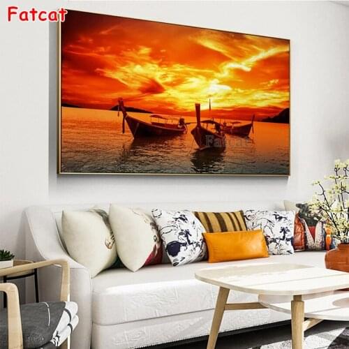 Diamond embroidery Natural scenery, sunset seascape boat full square round drill diamond painting 5d diy diamond mosaic PP1663