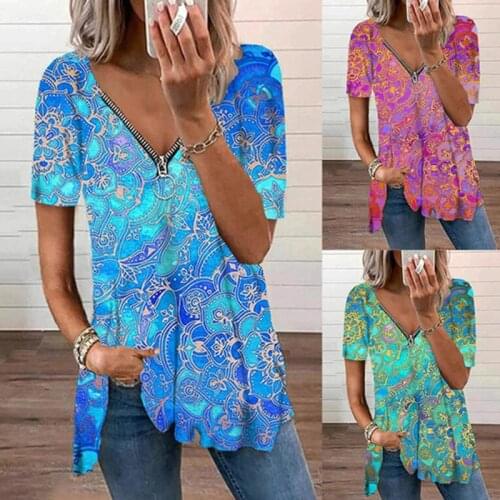 Vintage Print Blouses Women 2021 Tops Summer Zipper V-neck Blouse Shirt Womens Tunic Casual Loose Blusas Mujer Women Blouses