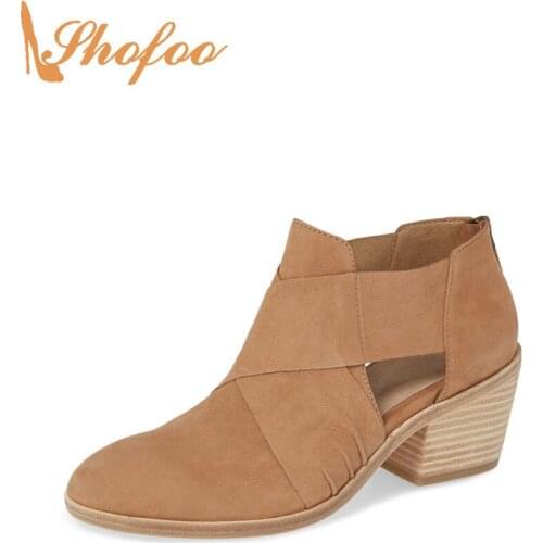 Brown Ankle Boots High Chunky Heels Woman Almond Toe Zipper Booties Large Size 14 16 Ladies Fashion Shirred Sexy Shoes Shofoo