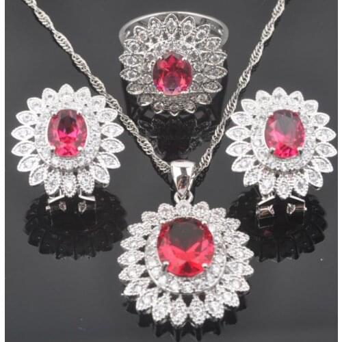 Shining Red Rose Zircon Womens Wedding Silver Color Jewelry Sets Earring And Necklace Sets Pendant Rings QZ0450