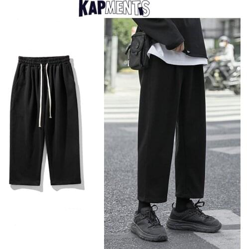 KAPMENTS Men Japanese Style Drawstring Black Pants 2021 Spring Mens Harajuku Fashions Solid Harem Joggers Male Casual Trousers