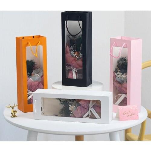 Rectangle Gift Package Bag Visible Window White Pink Black Paper Wine Flower Present Bag Birthday Festival Gift Packing Case SN