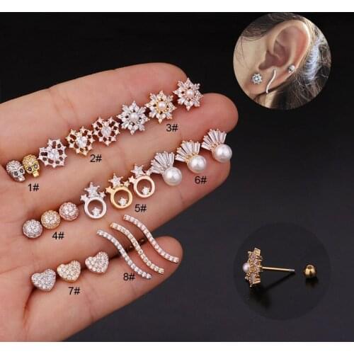 20G Stainless Steel Cubic Zirconia Flower Skull Heart Pearl Curved Ear Daith Tragus Cartilage Piercing Jewelry Stud Earring