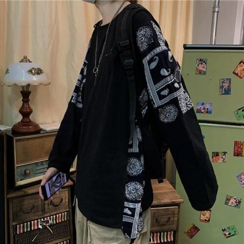 Trend ins Japanese retro cashew flower stitching loose pullover round neck long sleeve T-shirt male