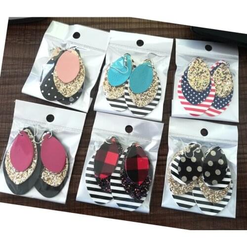 Three Layers Faux Leather Glitter Stripe Print Teardrop Earrings Flag Leather Earrings Lightweight Leaf Drop Earrings Fashion