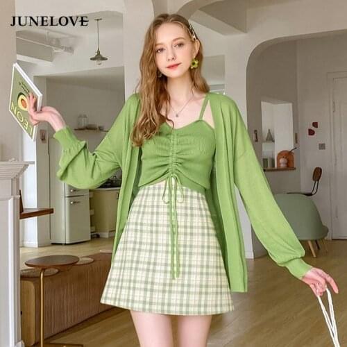 Knitted Bandage Cardigan+Camisole+skirt setReal French Green Suit Female Sweet Green Skirt Hipster Temperament 3 Pieces