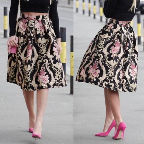 Vintage Women Lady Floral Skirts Elegant High Waist Pleated Skirt 2020 New Style Office Ladies Flowers Knee-Length Skirts