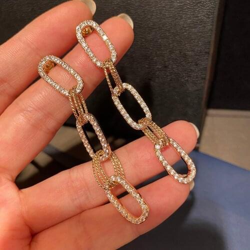 AAA+ Quality S925 Silver Needle Pave CZ Crystals Ellipse Lock Style Chain Dangle Earrings For Women Gift Fashion Jewelry