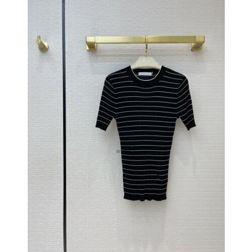 Knit Luxury Brand Stripe Tshirt Women 2021 Summer New O-neck Short Sleeve Casual Pullover All-match Slim Tencel Sweater T-shirts