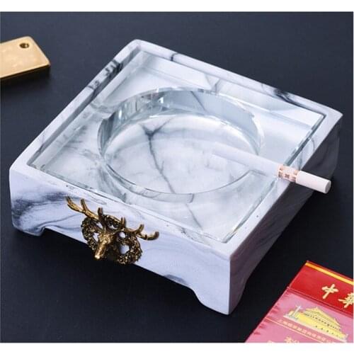 Europe Style High-end Marble Grain Resin Ashtray Home Sitting Room Cigar Smoke Cup Deer Head Adorn Tobacco Jar+ Glass Inner Pot