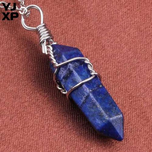 YJXP 1 Pcs Lapis Lazuli Stone Pendant Link Chain Necklace Wire Winding Hexagon Prism Stones Reiki Necklaces Trendy Jewelry Gift