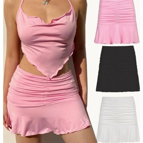 Female Skirt Sexy Fashion Ruffled High Waist Black Short Mini Stretch Holiday Party Summer Beachwear Style Ruched Pleated Skirts