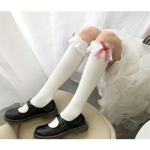 Women Girls Cotton Long Socks Cute Strawberry Bowknot Students JK Lolita Hosiery D358