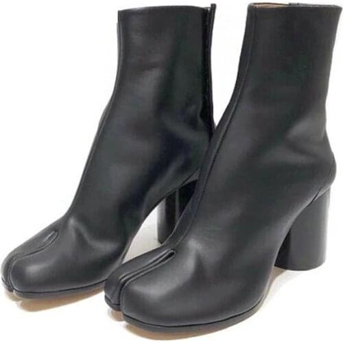 Spring Fashion Split Toe Boots Women Chunky Round High Heels Women Leather Botas Mujer 2021 New Brand Design Winter Shoes Women