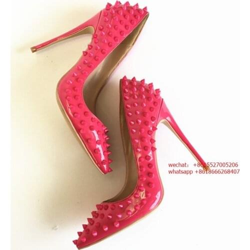 Discount Rivets Pointed toe Thin High Heels Sexy Red Leather Dress Pumps Women Rivets Gladiator Shoes 10cm 12cm Stiletto Heels