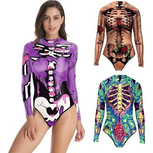 2021 New Halloween Painted Skeleton Flower Skull 3D Digital Printing Long-sleeved Ladies Swimsuit One-piece Swimsuit