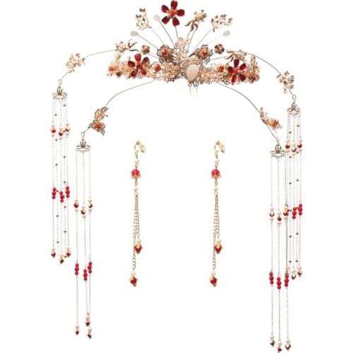 Bride Retro Chinese Style Hair Ornaments Tassel Women Wedding Headdress Earrings Set Han Clothing Accessories