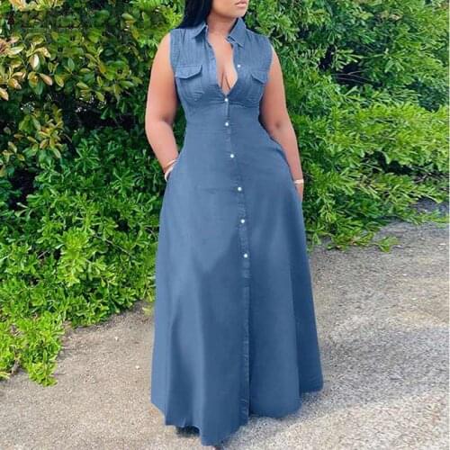 Fashion Sexy Lapel Dresses Womens Elegant Long Shirt Dress 2021 Summer Sleeveless Vestidos ZANZEA Denim Blue Maxi Robe